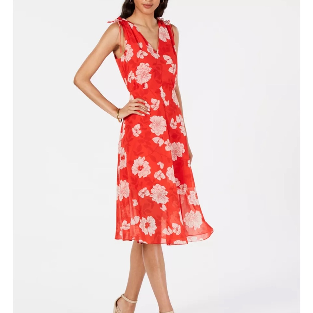 Vince Camuto Floral Red‎ Sleeveless A-Line Midi Dress